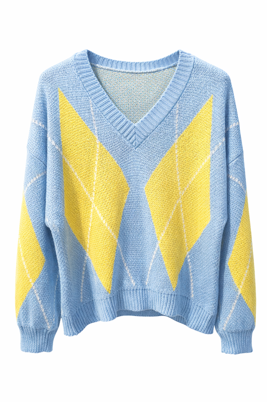 Jersey mujer cuello pico con estampado rombos en tonos pastel