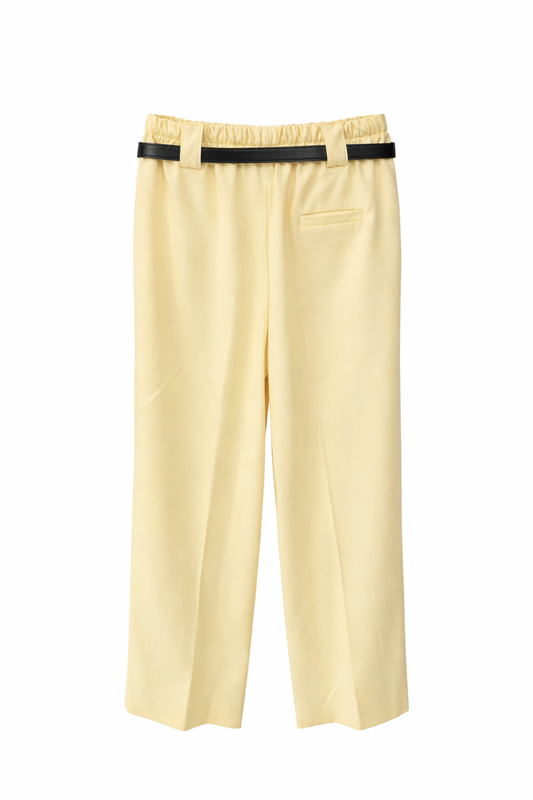 Pantalón Mujer Amarillo Claro de Tiro Alto con Cinturón | Corte Recto Elegante
