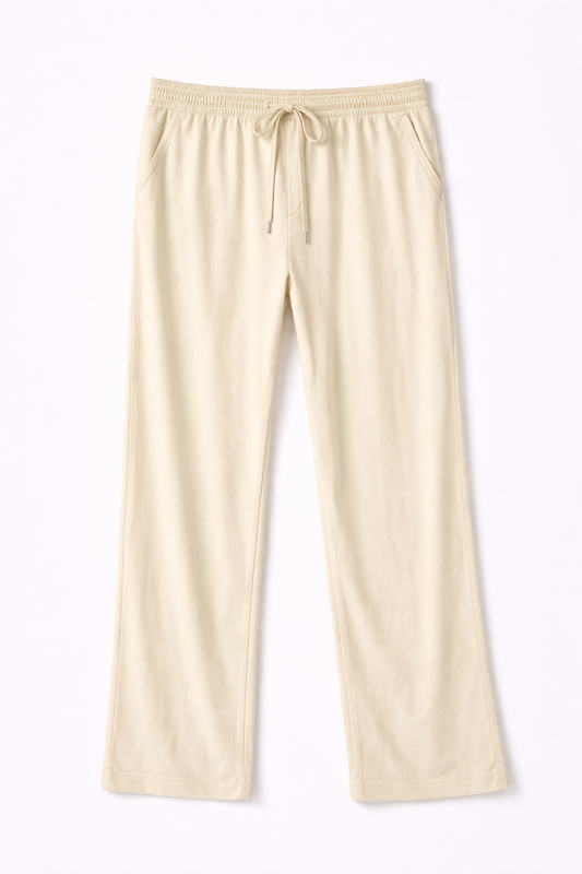 Pantalón cómodo de mujer beige con cintura elástica y cordón ajustable