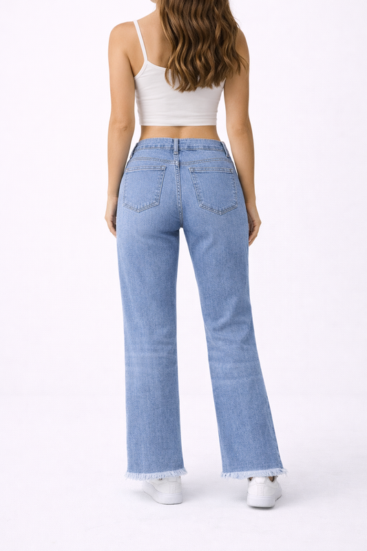 Vaqueros Mujer Rectos de Tiro Alto | Jeans Azules con Bajo Desflecado