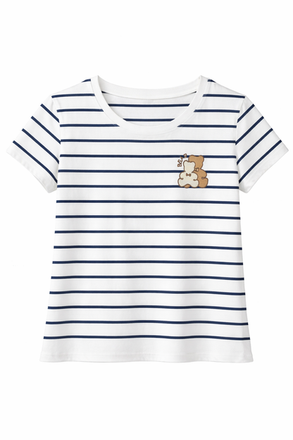 Camiseta de Mujer Blanca a Rayas Azules con Bordado de Ositos – Manga Corta, Estilo Casual