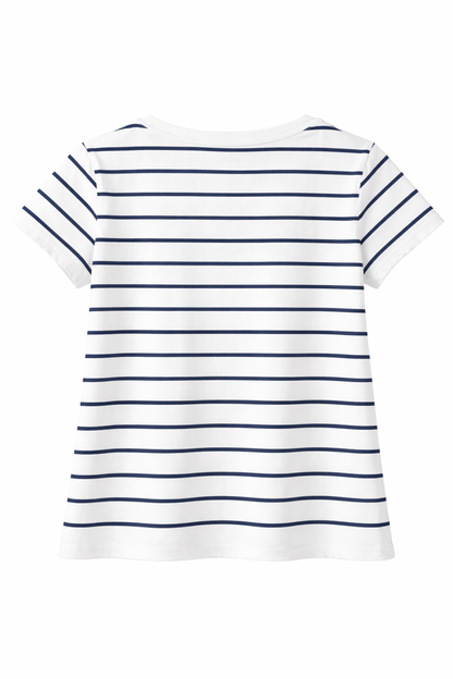 Camiseta de Mujer Blanca a Rayas Azules con Bordado de Ositos – Manga Corta, Estilo Casual