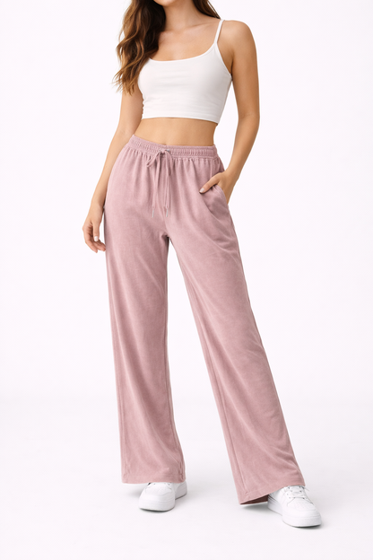 Pantalón cómodo de mujer rosa con cintura elástica y cordón ajustable