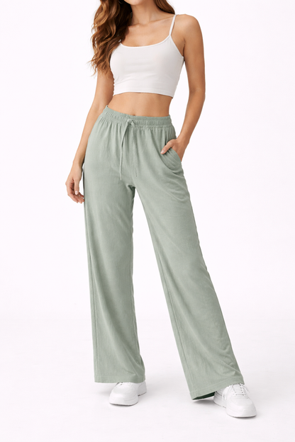 Pantalón cómodo de mujer verde con cintura elástica y cordón ajustable