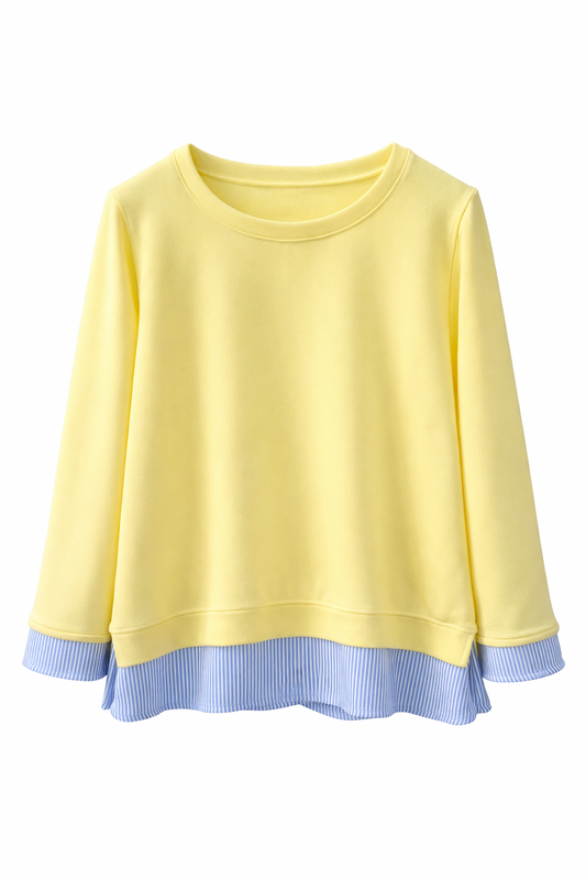 Sudadera mujer efecto doble capa con bajo y puños a rayas